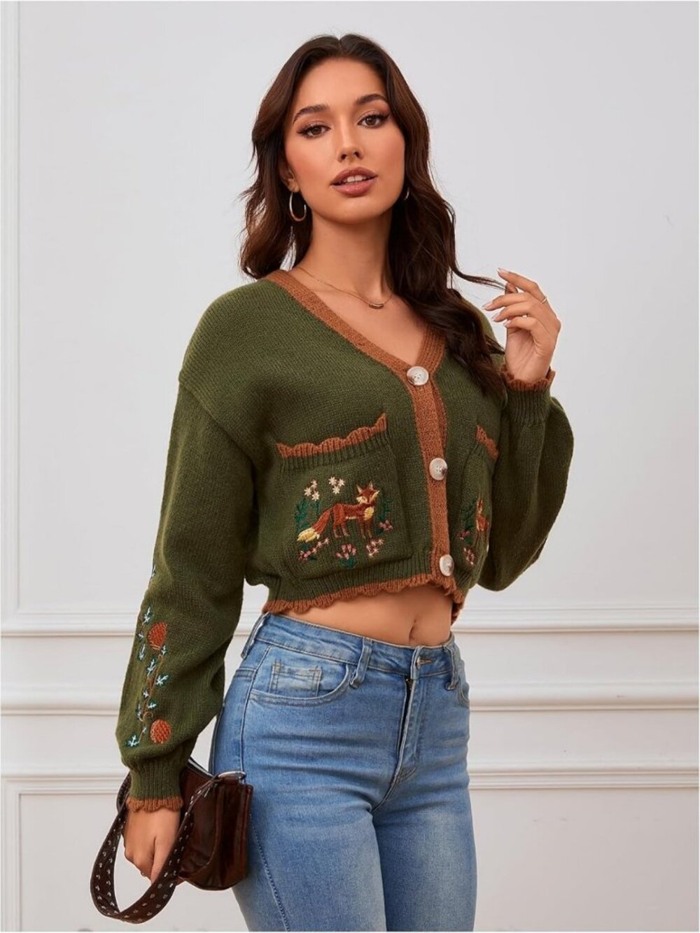 Floral Cropped Cardigan - Boho Cottagecore Sweater, Embroidered Open Front Fall - Picture 4 of 7